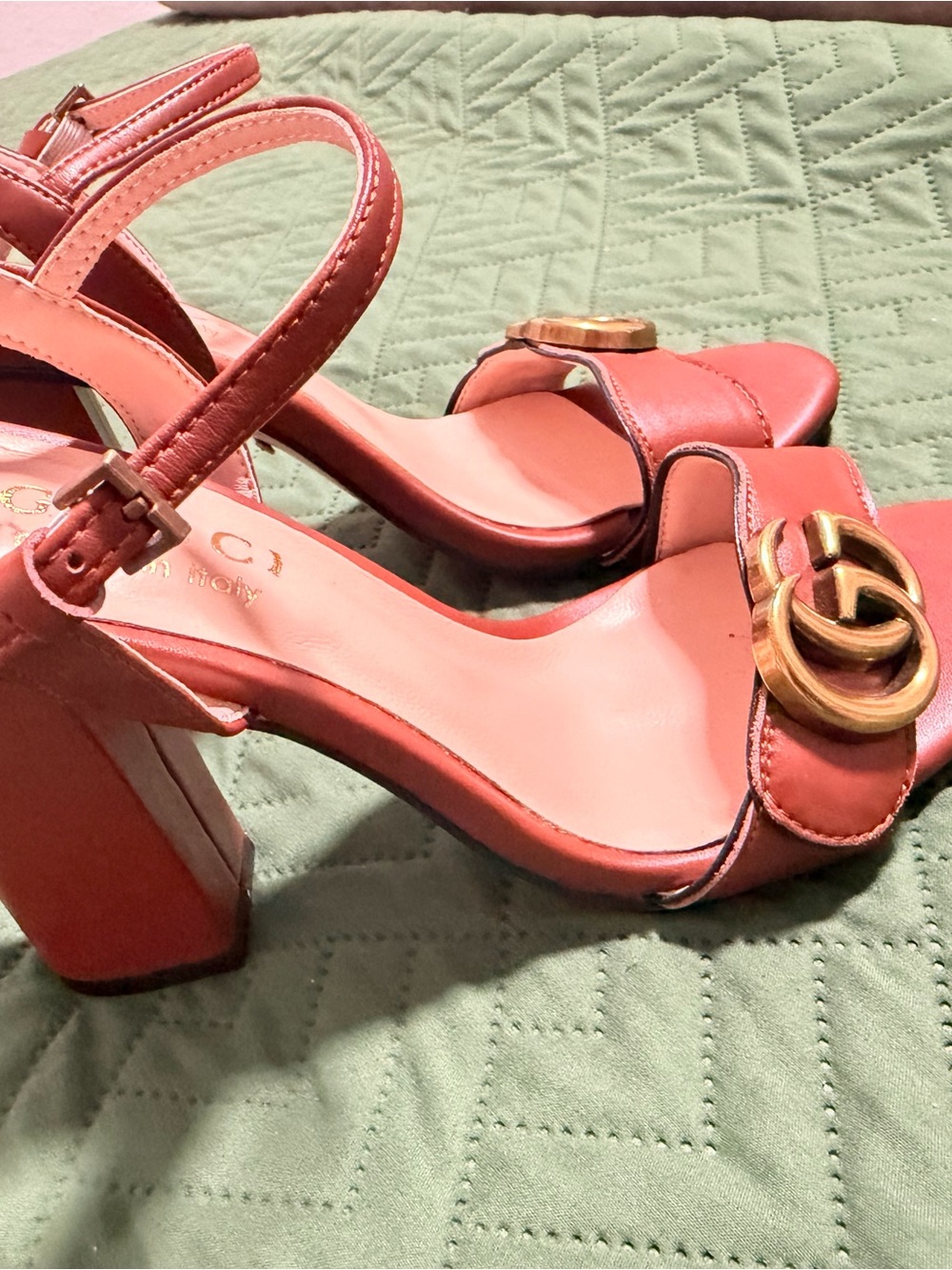Gucci Coral Leather Block Heel Sandals with Gold Double-G